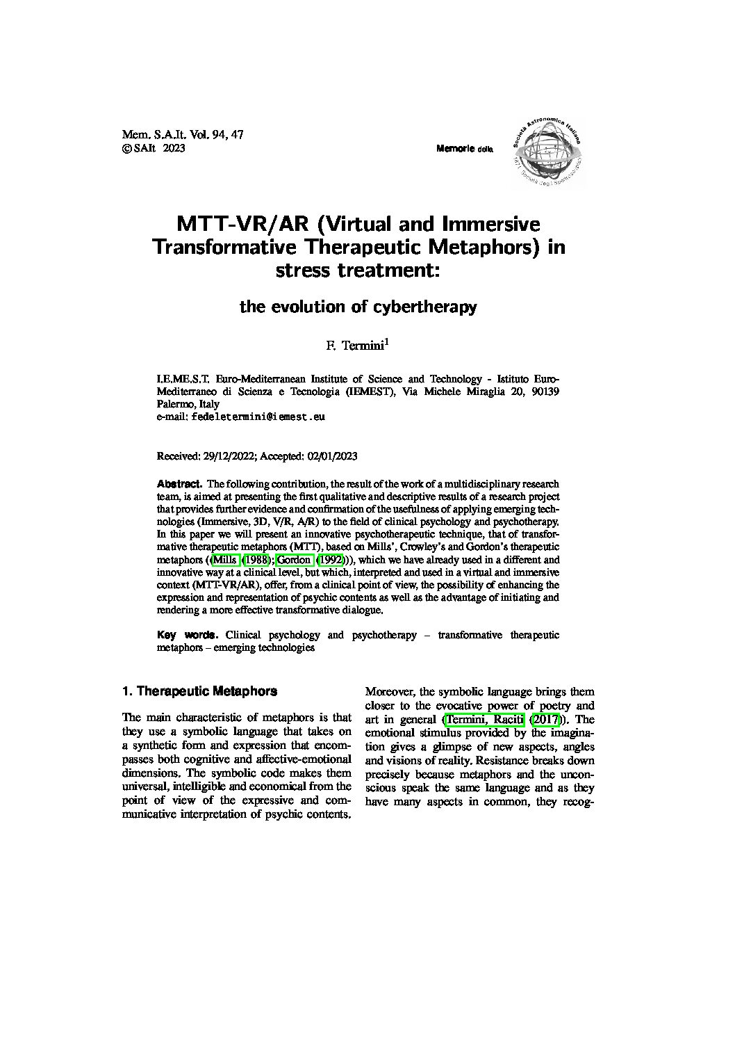 Publicazione dell’articolo “MTT-VR/AR (Virtual and Immersive Transformative Therapeutic Metaphors) in stress treatment: the evolution of cybertherapy” di F.Termini