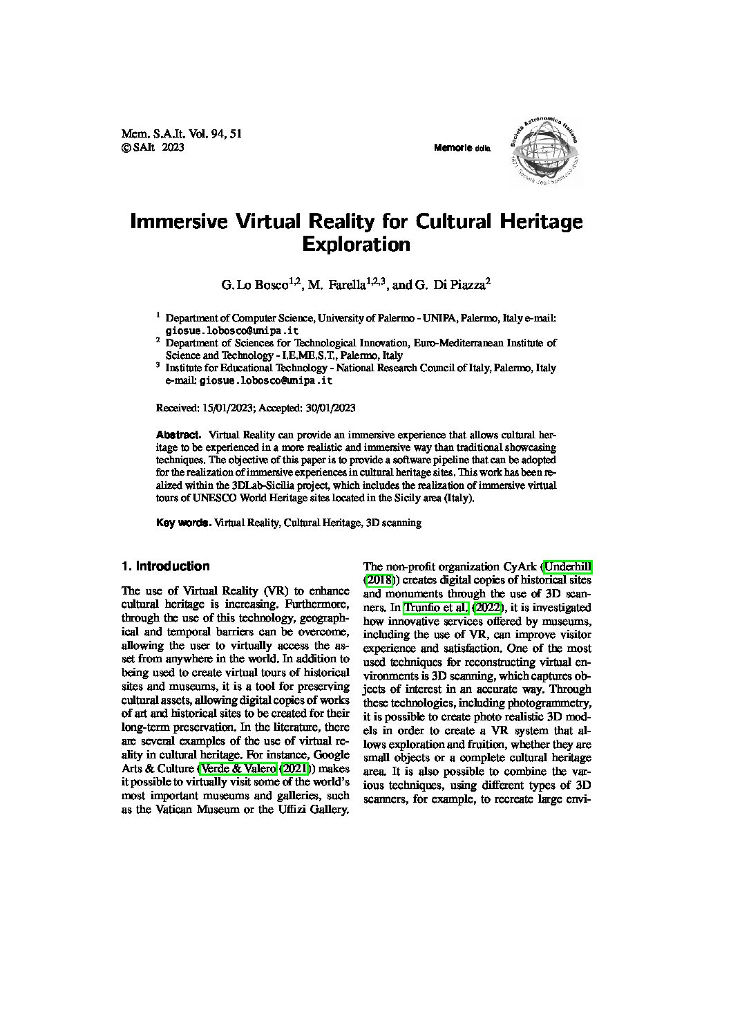 Publicazione dell’articolo “Immersive Virtual Reality for Cultural Heritage Exploration” di G.Lo Bosco