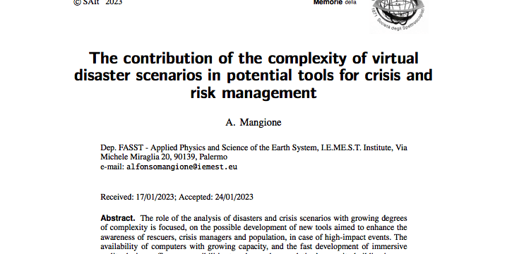 Publicazione dell’articolo “The contribution of the complexity of virtual disaster scenarios in potential tools for crisis and risk management” di A.Mangione
